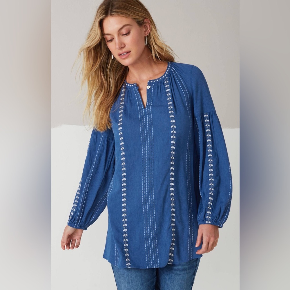 J JILL Blue Embroidered Women's Boho Tunic Style Oversized Cotton Blouse Size S